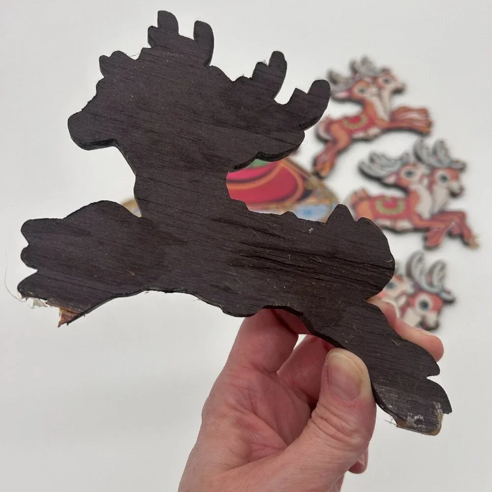 VTG Beistle Santa Sleigh & Reindeer Christmas Die Cut Decoration ON‎ WOOD
